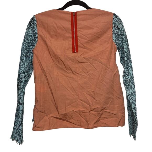 Carven Lace Long Sleeve Top Size 34 US 2 Blue Teal Overlay Peach Lining Back Zip - Picture 9 of 9